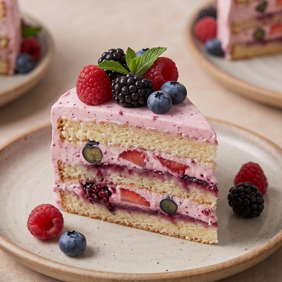 Ein Stück Beerentorte mit frischen Himbeeren, Blaubeeren und Brombeeren.