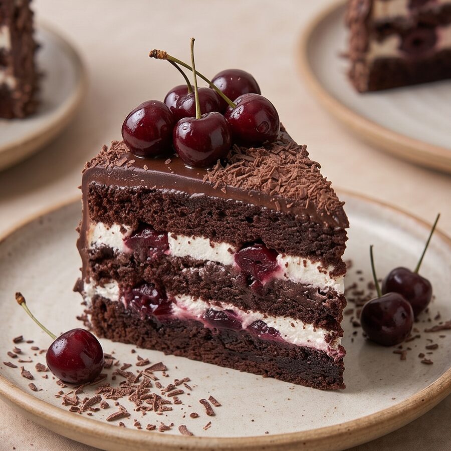 Ein Stück Schoko-Kirsch-Torte mit frischen Kirschen.