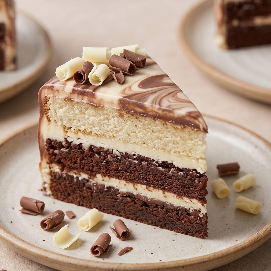 Ein Stück Vancho-Torte aus Schokoladen- und Vanilleschichten mit marmorierter Glasur.